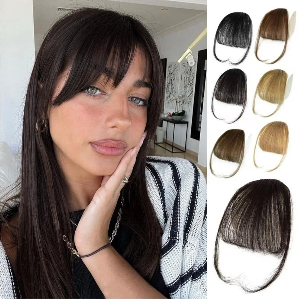 New Dark Brown Fake Bangs, 100% Real Human Hair Clip-In Wispy Fringe for Women